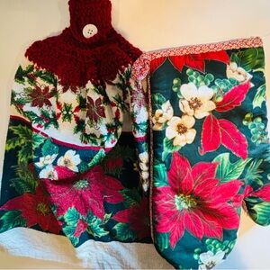 Christmas Kitchen  Towel with Hand Crochet top to Hang with a Mitt Pot Holder